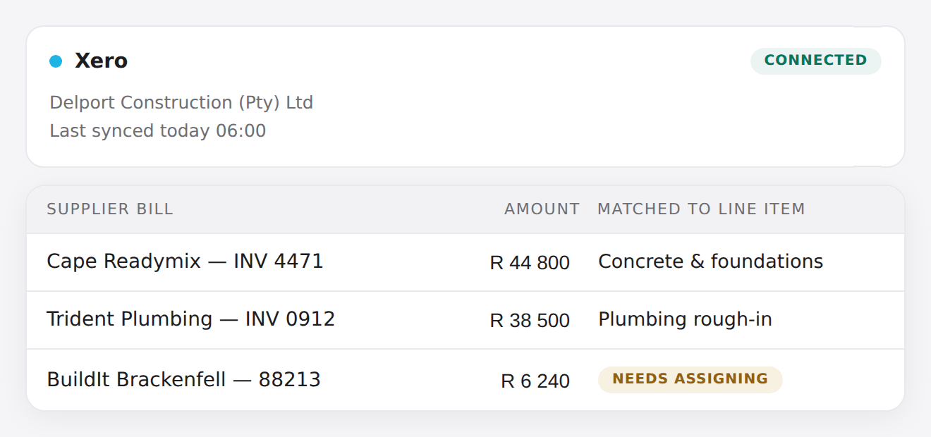 Xero connected, with paid supplier bills matched to their line items
